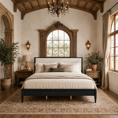 Mid-Century Modern Black King Platform Bed Frame with Boucle Upholstered Headboard, 800 lb Capacity, Noise-Free Wood Slat Support