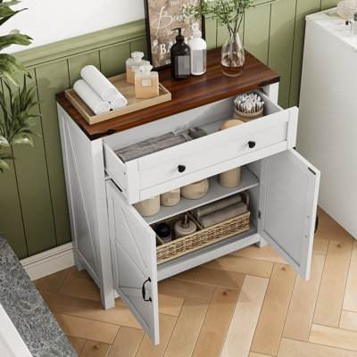 Farmhouse Storage Cabinet With Drawer And Adjustable Shelf, White Kitchen Cabinet With Walnut Countertop,  Modern Coffee Bar Console Cabinet For Kitchen, Dining Room, Bathroom, Entryway