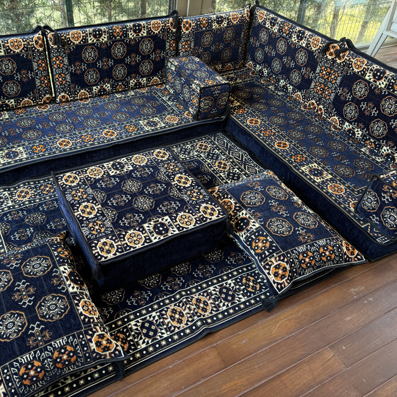 Kilim Upholstered Ottoman Sectional Sofa with Cushions