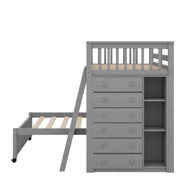 Lit superposé simple au-dessus de double en bois avec tiroirs et tablettes flexibles, lit inférieur avec roulettes, Gris