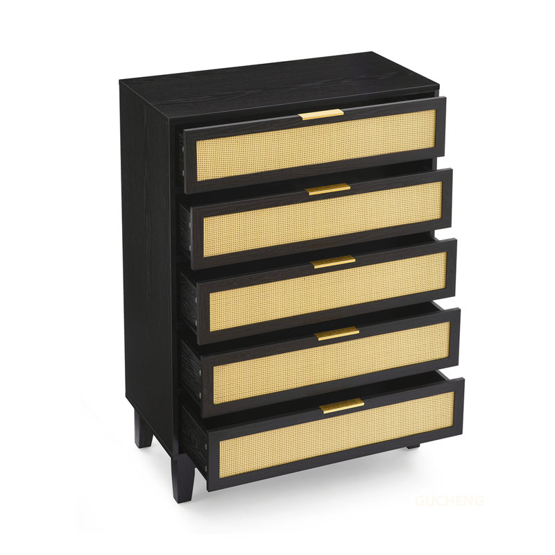 Commode moderne en rotin à 5 tiroirs pour pièces polyvalentes, Noir