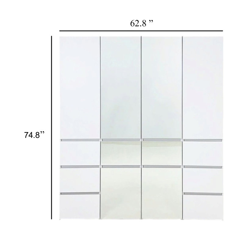 Ely Closet Cabinet Set, 2 Mirror Doors, 8 Drawers, 75 Inch, White Wood
