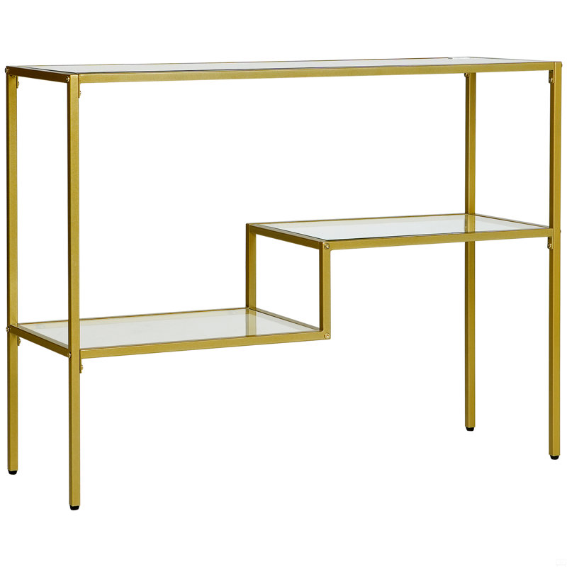 Console dorée, table de canapé en verre trempé de 39 po, table d'entrée étroite avec tablettes de rangement, structure en acier
