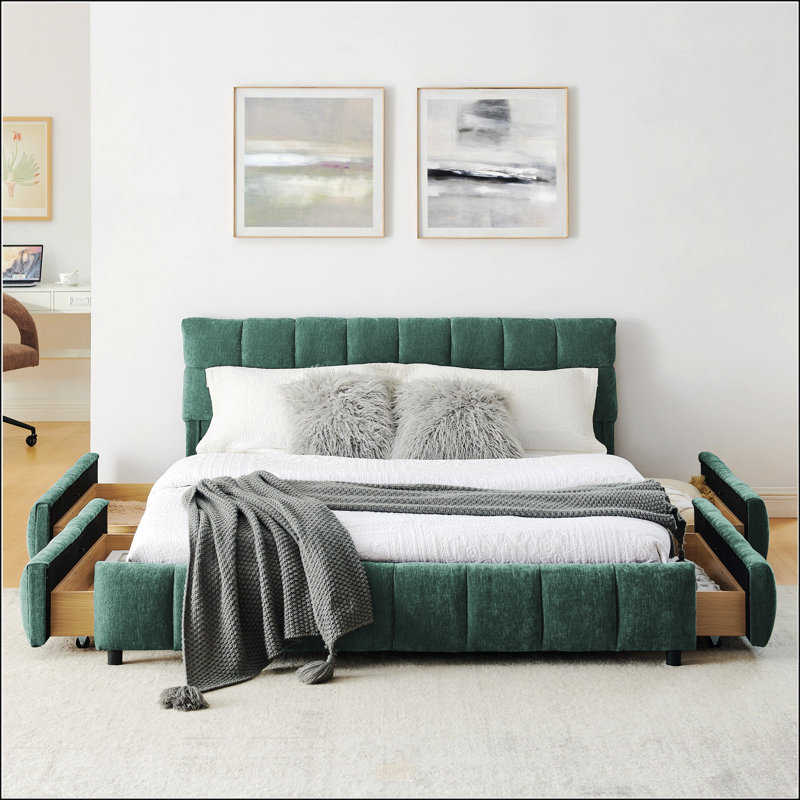 Grand lit tapissier, Bleu / Vert, Grand lit
