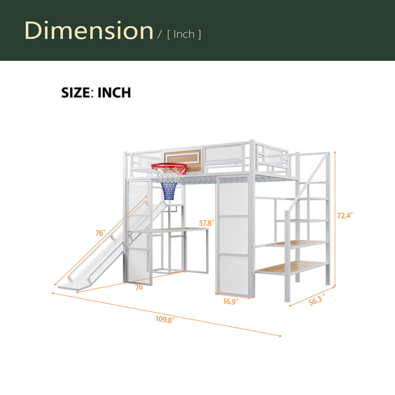 Full Size Metal Loft Bed With Built-In Desk, Open Wardrobe, Basketball Hoop, Slide And Staircase, White