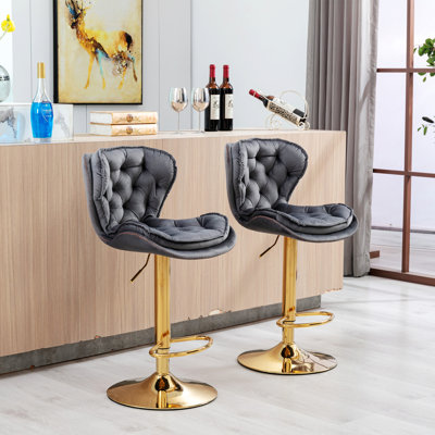 2 Pieces Bar Stools With Tufted Seat, Upholstered Bar Stools With Metal Base, Modern Barstool For Home