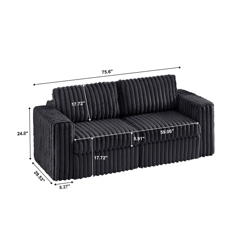2-Seater Modular Sectional Sofa, Black Faux Fur
