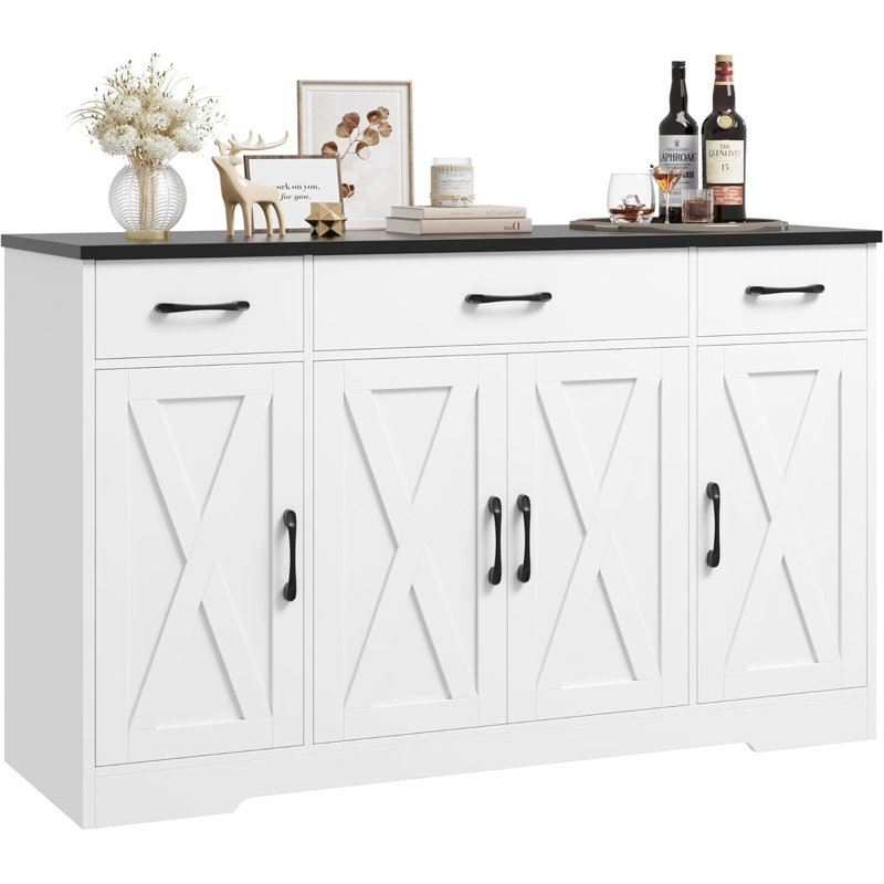 Large Sideboard Buffet Storage Cabinet, with 3-Drawer and 4 Doors, Buffet cabinets, Modern Farmhouse Coffee Bar Cabinet, for Kitchen, Dining Room Living Room, Rustic Style