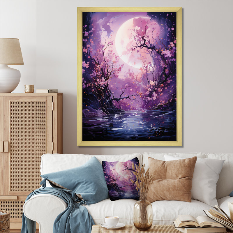 Lune fleur nocturne I, Cadre doré simple, H 20 po x l 12 po x P 1 po