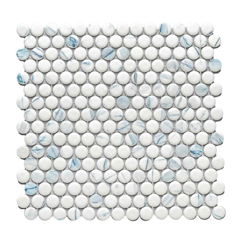 Eterna Penny 12"x12" Recycled Glass Mosaic Tile, Calacatta Blue