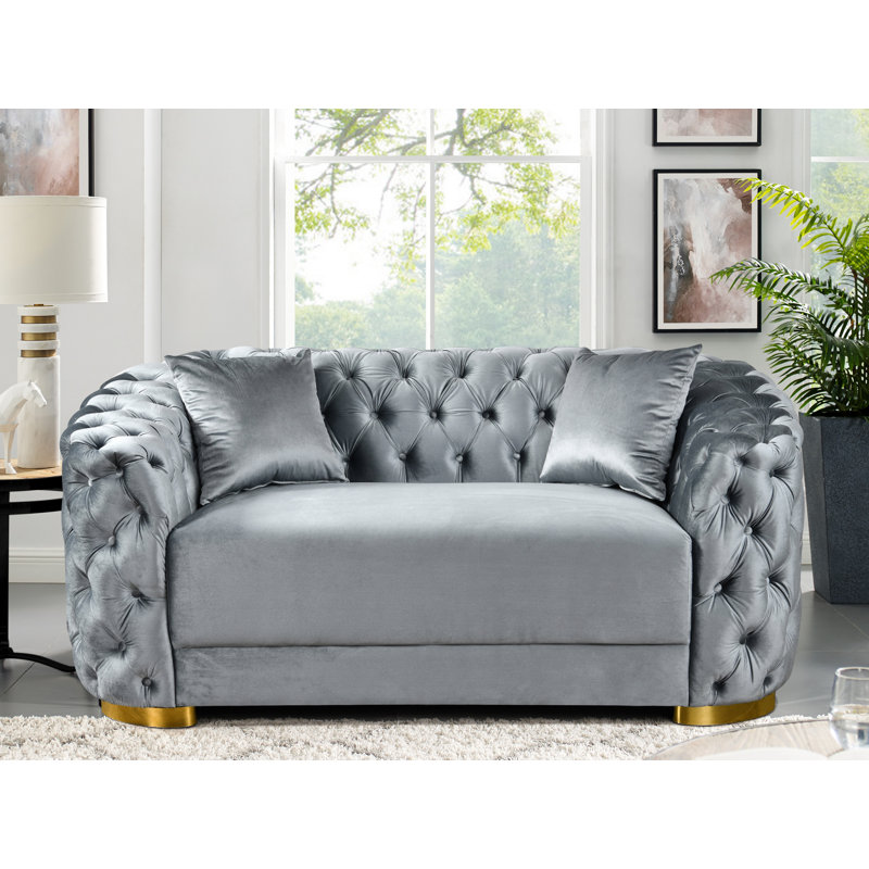 Causeuse Chesterfield 71,5 po en velours capitonné avec 2 coussins et pieds en métal, Gris