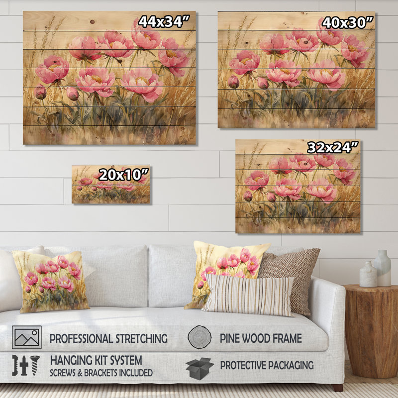 Pivoines dans le champ d'herbe de blé I - art mural en bois pivoines - sur bois de pin naturel, H 24 po x l 32 po x P 0,78 po