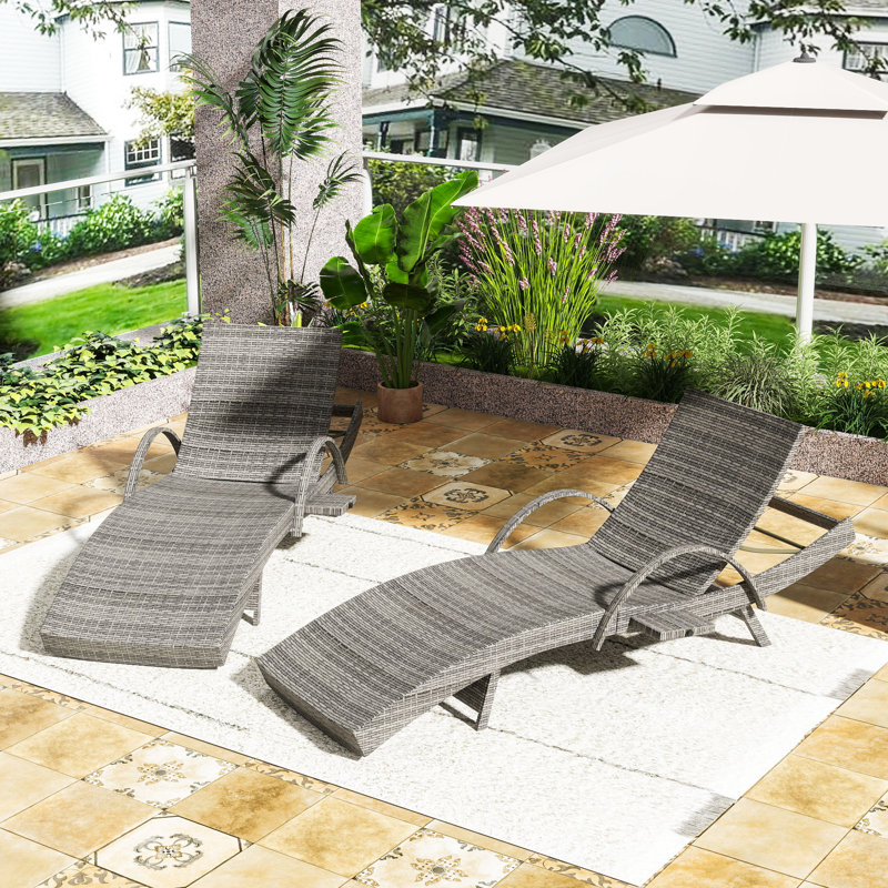 All-Weather Wicker Patio Chaise Lounge Set with Pull-Out Side Table and Adjustable Backrest, Gray