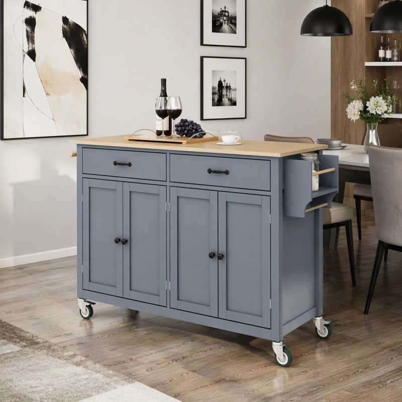 Armoire de cuisine à 4 portes et 2 tiroirs avec îlot de cuisine, Bleu