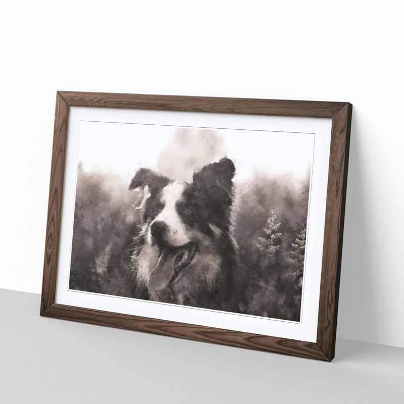 Border Collie Dog In A Meadow Painting - Single Picture Frame Print on MDF, 62cm H x 87cm W x 2cm D, Walnut