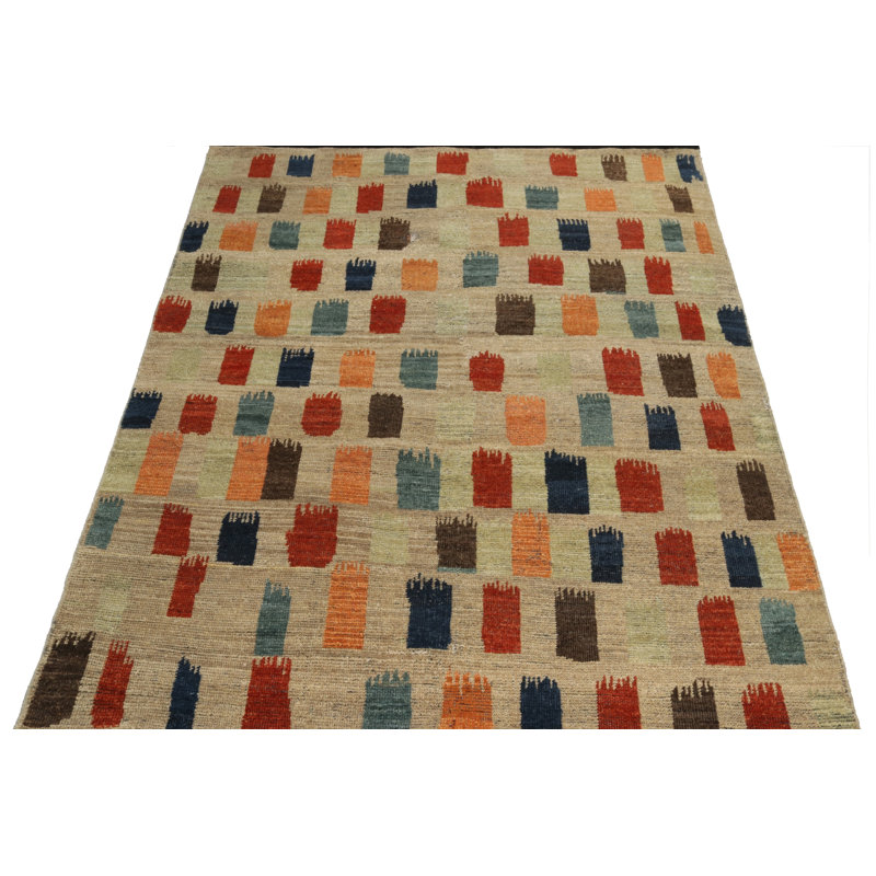 Burano Hand Knotted Wool Geometric Area Rug, Rectangle 5' x 7'