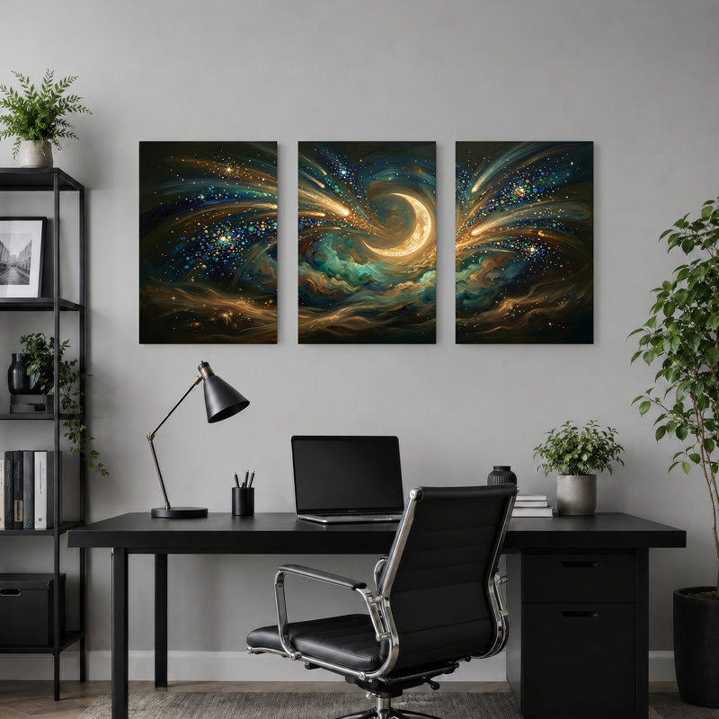 Art mural sur toile nébuleuse cosmique tourbillonnante avec croissant de lune doré, H 18 po x l 12 po x 3 pièces