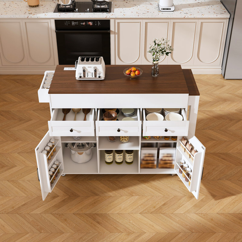 Îlot de cuisine 74,8 po avec table de salle à manger extensible et prise de courant - Chariot de rangement sur roulettes avec 3 tiroirs et armoire à 2 portes pour la salle à manger, blanc