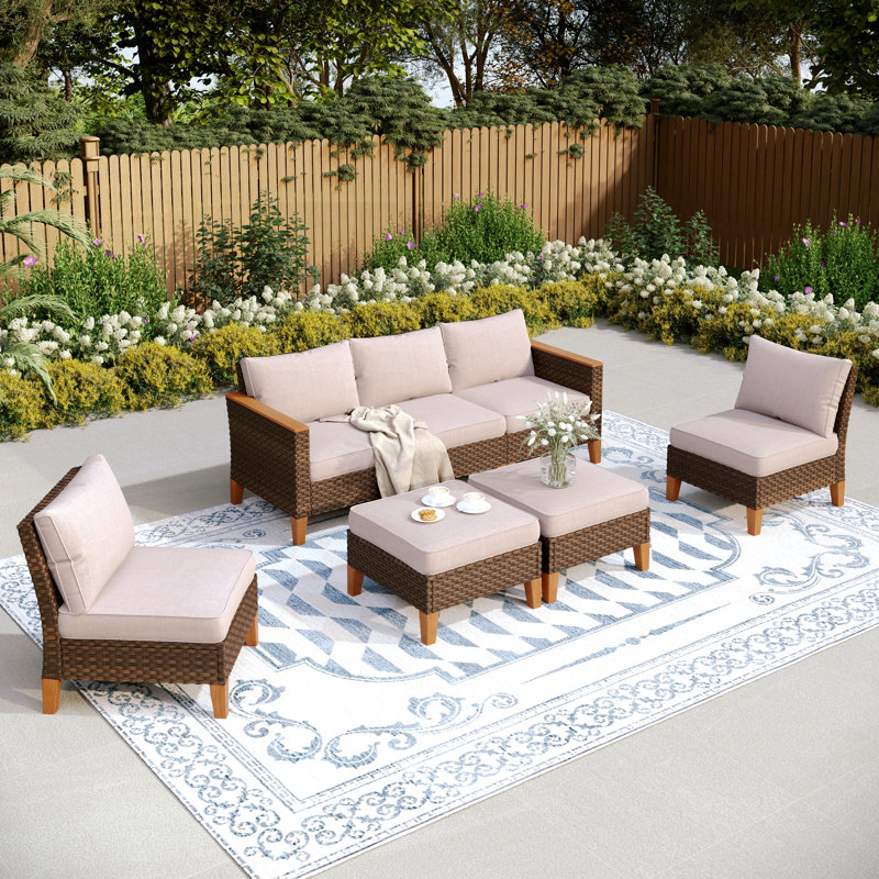 All Weather Wicker/Rattan 7 - Person Seating Group with Cushions, No, Beige