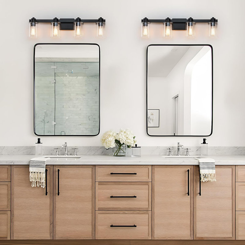 40.5 Inch Farmhouse Vanity Light Fixture - 5 Light Black Wall Sconce With Clear Glass Shades For Bathroom Mirror, Living Room, Hallway And Dressing Room