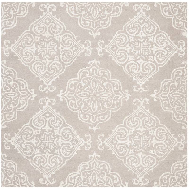 Bernon Hand Tufted Viscose/Wool Damask Rug in Silver/Ivory, Square 6'