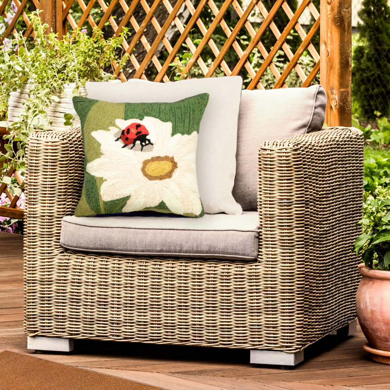 Green and White Floral Ladybug Accent Pillow