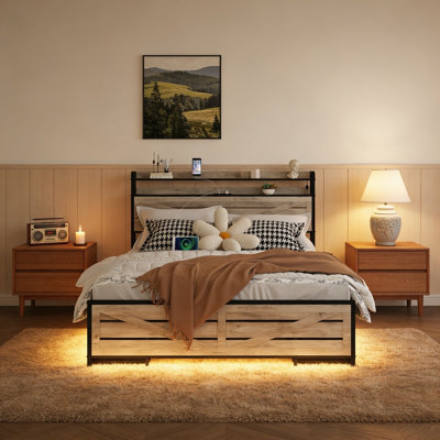 Bed With Storage Headboard And 12 Drawers With Led Lights, Metal Platform With Anti-Slip And Noiseless Mattress Support