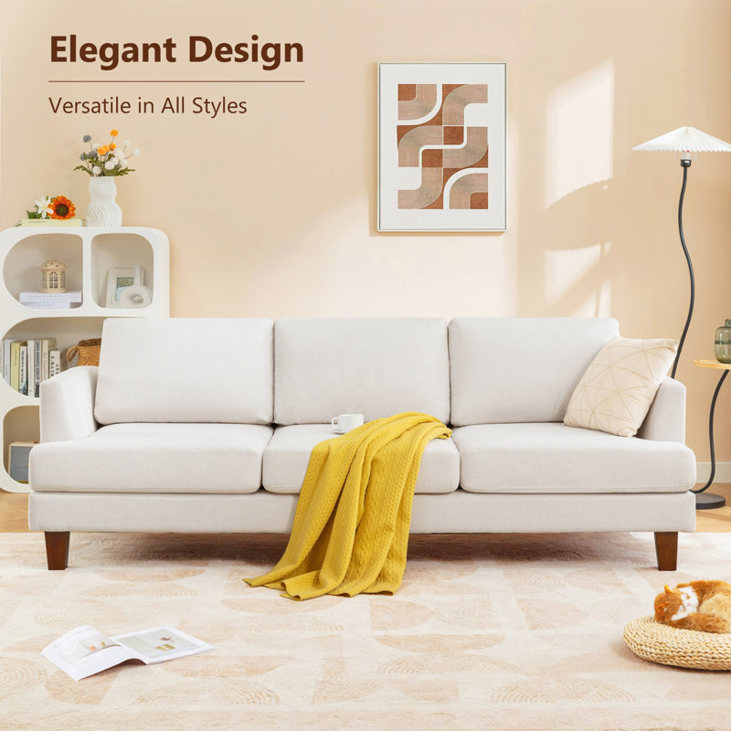 3 Seater Sofa 89" Upholstered Sofa Couch with Square Arm for Living Room, Beige
