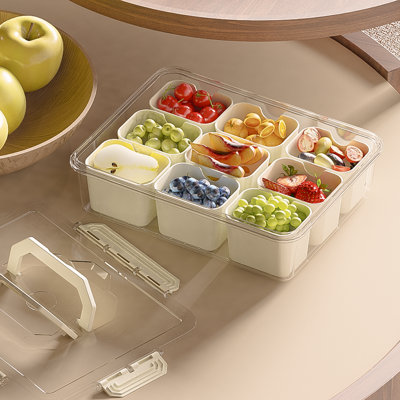 LLMRR 9 Compartments Snackle Box Container, Divided Serving Tray with Lid and Handle, Portable Clear Snackle Box, Snack Box & Fruit Tray for Road Travel, Party, Veggie, Fruit, Candy, 3 Pack, Beige