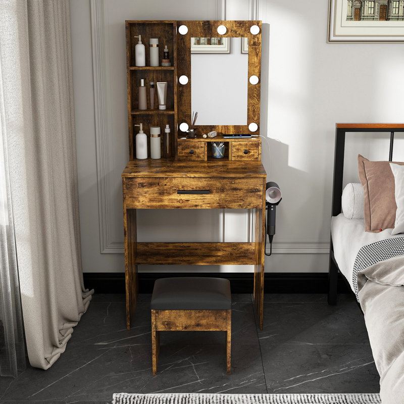 Table de coiffeuse avec miroir et lumières DEL réglables, prise de courant, support pour séchoir à cheveux et tabouret - Coiffeuse compacte pour petites chambres (rétro)