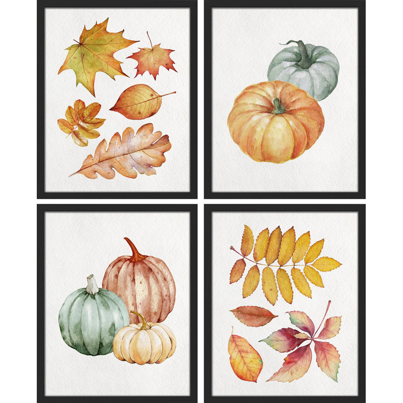 «Autumn Fall Thanksgiving Pumpkin Tree», reproduction de papier encadrée sur papier 4 pièces, Blanc, H 10 po x l 8 po