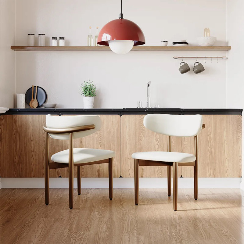  Ensemble de 2 chaises de salle à manger Mid-Century modernes beige et bronze, rembourrées en cuir de polyuréthane avec base en métal, entièrement assemblées