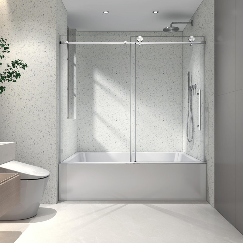 Porte de douche fixe et décalée de 55 à 60 po x H 63 po, Nickel brossé