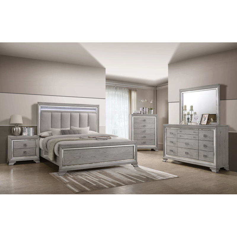 Ensemble de chambre à coucher à panneau Alyncia Elsa, Très grand, 6 pièces : lit, 2 tables de chevet, commode, comm