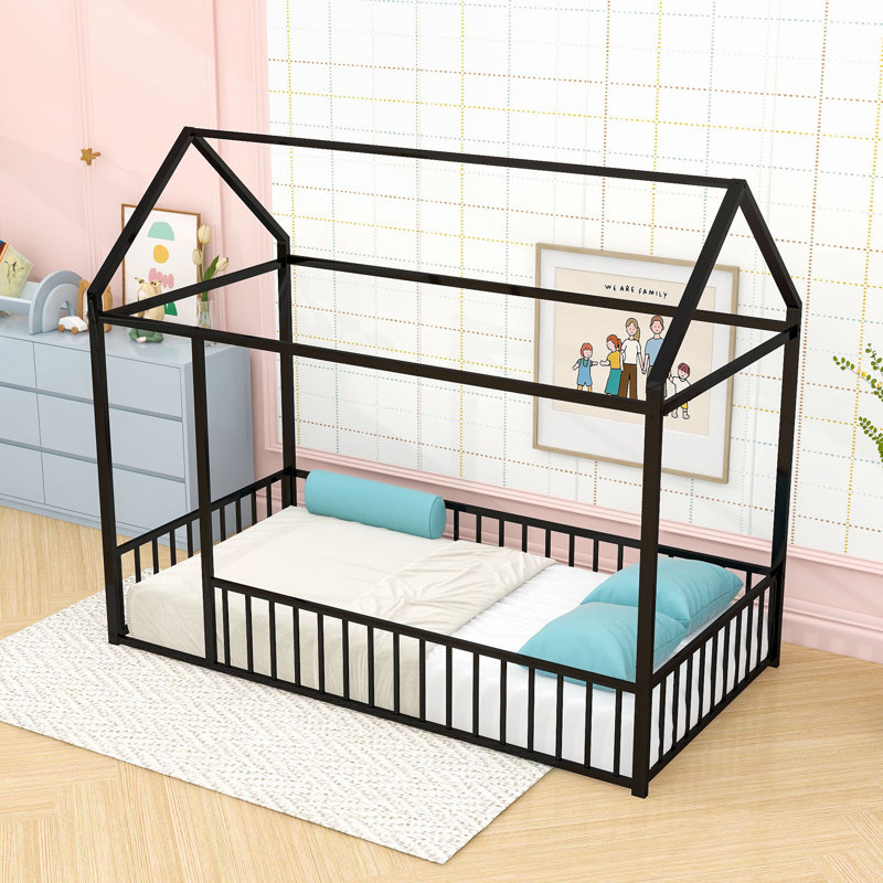 Twin Metal House Bed With Fence-Style Guardrails, Black