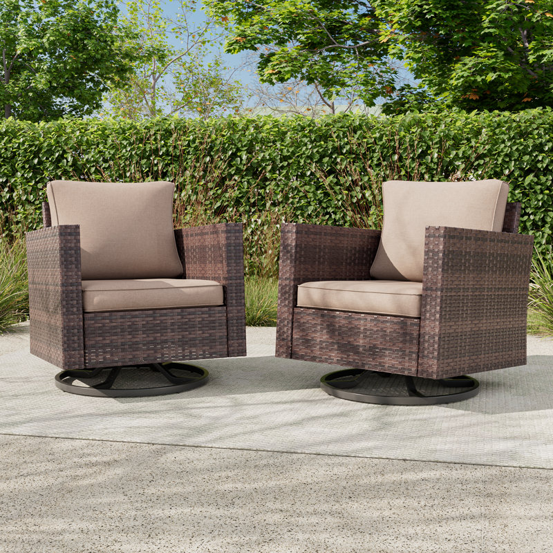 PE Wicker Patio Swivel Chair(Set of 2), Sand Cushion/Brown Frame