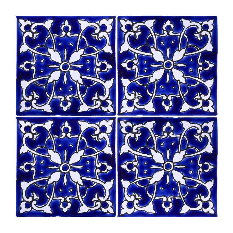 Mediterranean Blue and White Hand-Painted Ceramic Accent Tile