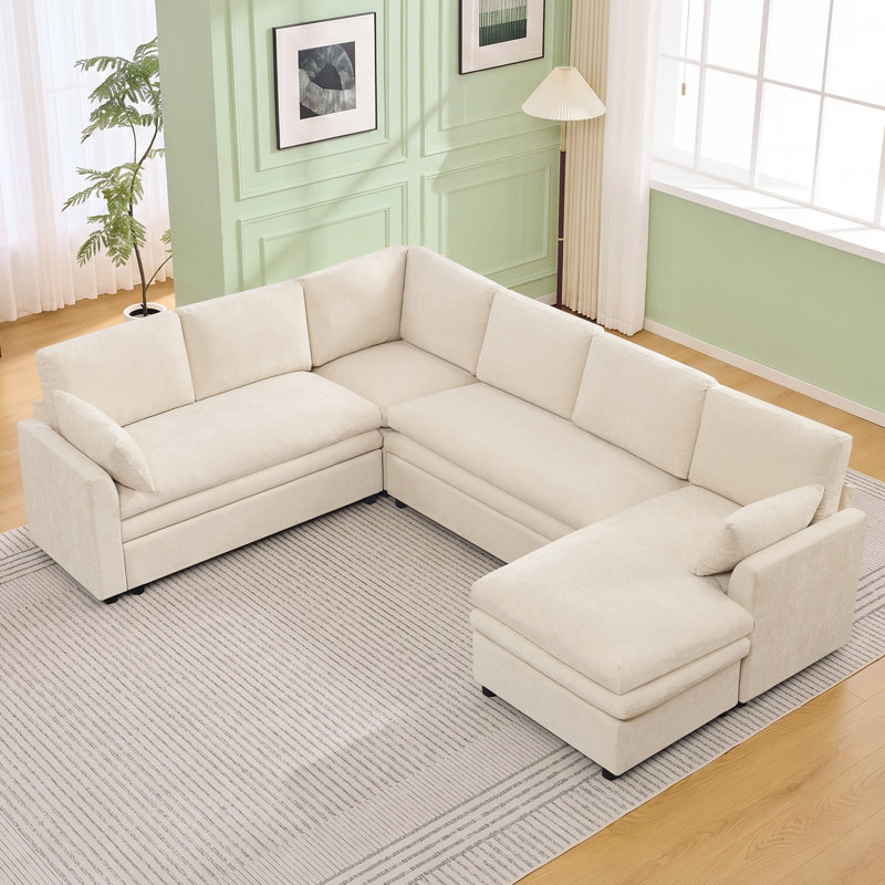  Modular Sectional Sofa with Chaise Lounge, Comfy Deep Dual-Layer Cushion Couch, 7 Seater Right Chaise Couch, Beige