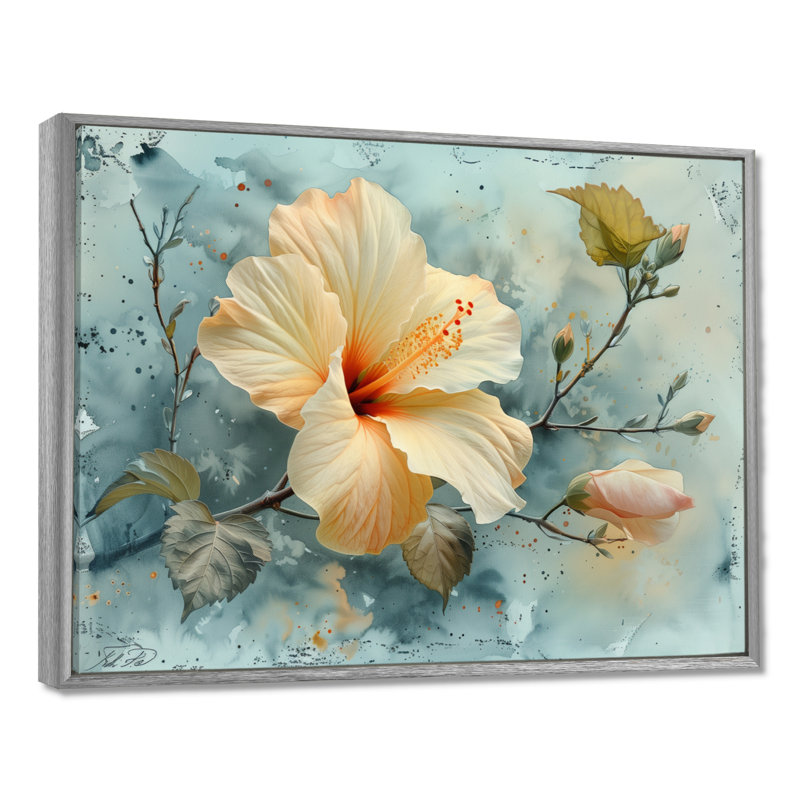 Hibiscus jaune et gris - Hibiscus, Toile argentée avec cadre flottant, H 12 po x l 20 po x P 1 po