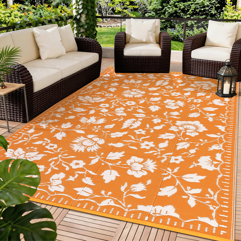 Waterproof Reversible Outdoor Patio Rug 6x9ft - Vintage Floral Plastic Straw Mat - Lightweight, UV Resistant, Portable Bag - for RV, Camping, Deck, Backyard, Beach