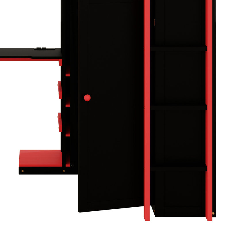 Wood Loft Bed With Desk, Multi Storage Shelves And USB, Red