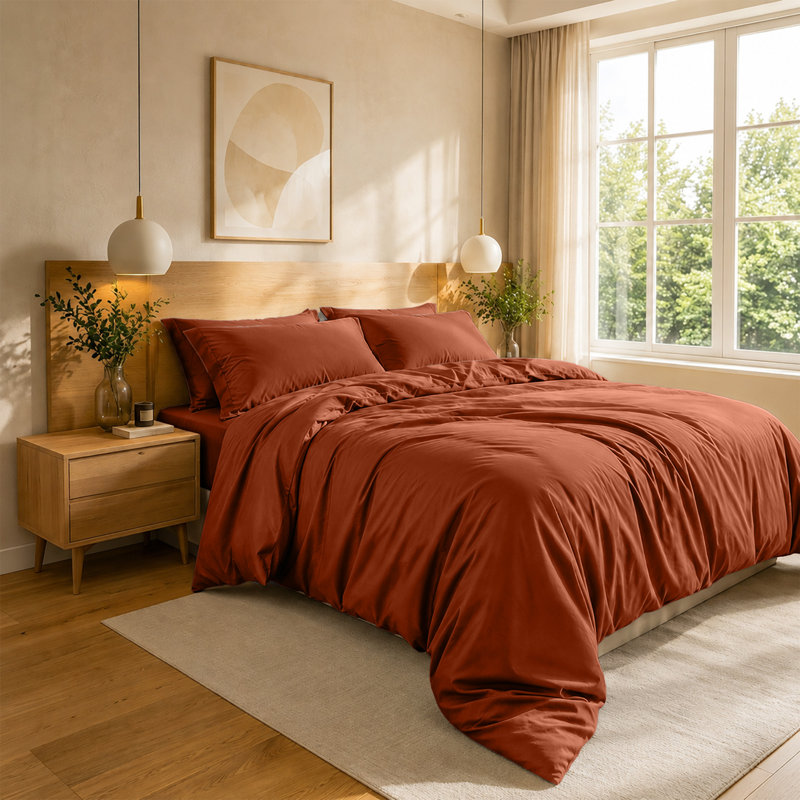 4-Piece Microfiber Duvet Cover Set – Pillowcases & Fitted Sheet, Double Duvet Cover  + 3 Additional Pieces, Rust