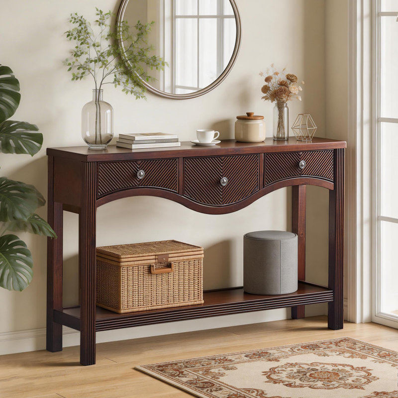 Console 52 po avec 3 tiroirs et bord festonné, table de canapé avec pieds en bois massif pour l'entrée ou le salon, espresso