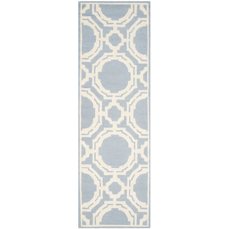 Tapis bleu / ivoire en laine touffeté à la main à motif géométrique Cannen, Tapis de couloir 2 pi 6 po x 8 pi
