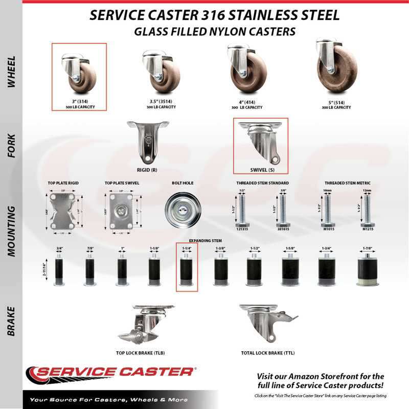 Stem Caster, 3" H x 3" W
