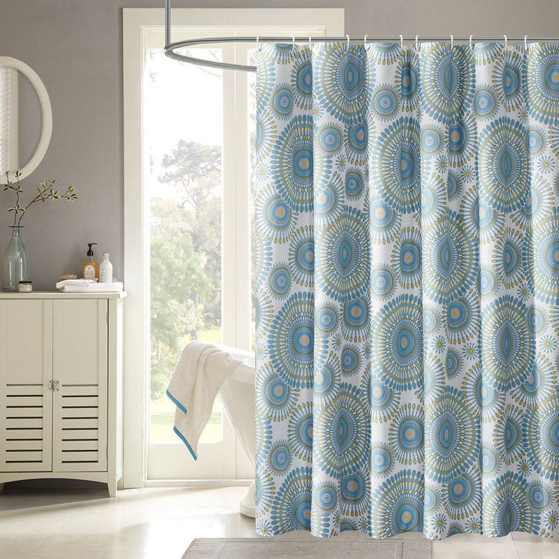 Ensemble de rideau de douche géométrique 13 pièces + crochets Glynda, Bleu