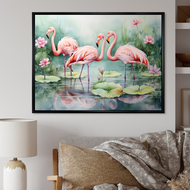 Élégant paradis flamant rose - décoration murale flamant rose, Cadre flottant noir, 12" H x 20" W