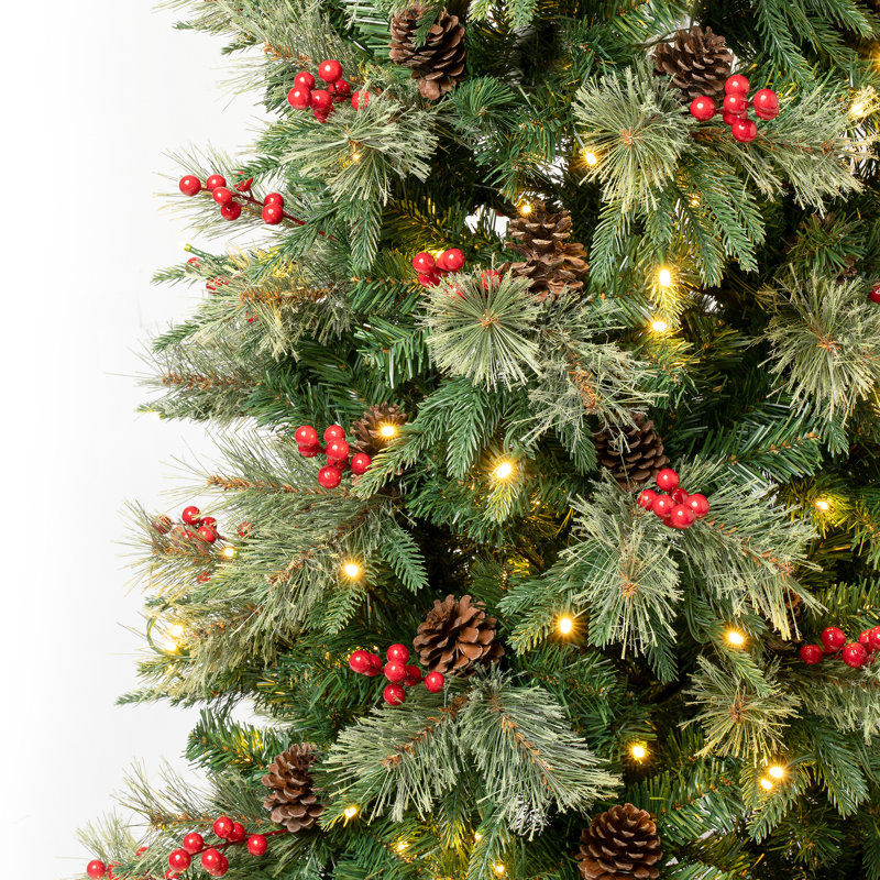 The Holiday Aisle® Virginia Pine Slim Tree with Red Berries and Pinecones, Warm White LED Lights, 7.5'