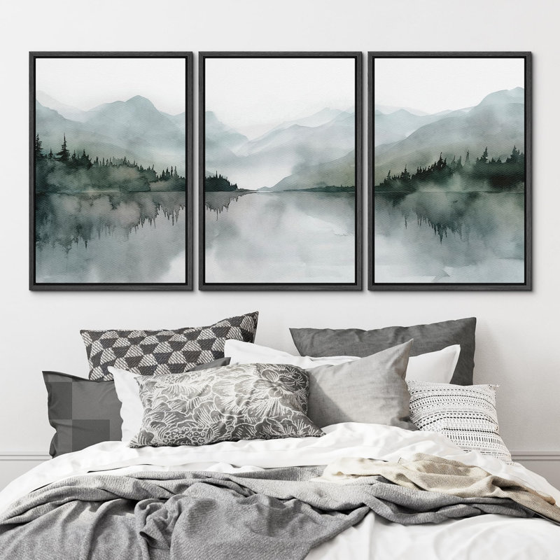 «Misty Mountain Lake, aquarelle, illustrations sereines», 3 pièces, H 24 po x l 16 po, Noir