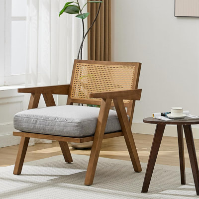 Mid Century Modern Accent Chair with Rattan Backrest & Thick Linen Cushion,Wood Frame